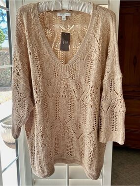 Pure Jill Elements Women’s XL Rose Blush Open Knit V Neck Sweater Beach Coastal